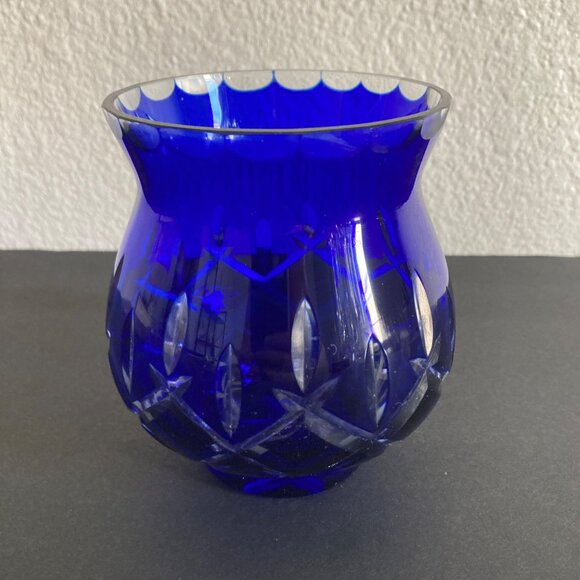 Bohemian Glass Cobalt Blue Cut to Clear Candle Holder Or Vase - Picture 4 of 7